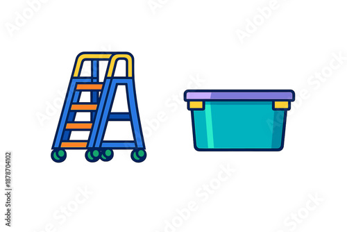Cartoon ladder and storage bin on dark background
