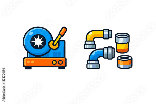 Stylized icons of a vintage projector and plumbing pipes