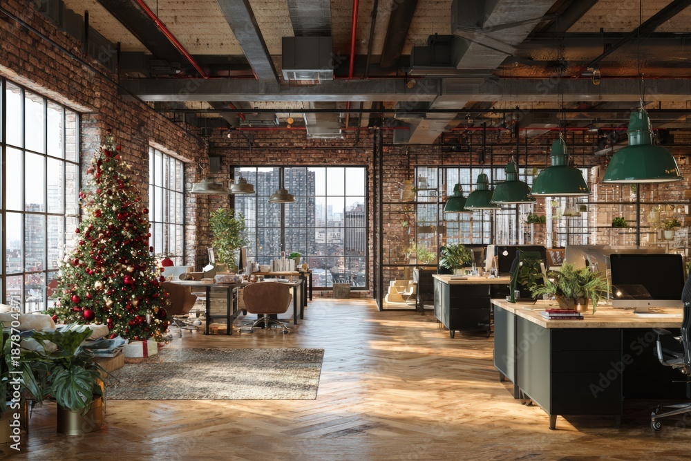 Fototapeta premium Modern Loft Office with Christmas Decorations