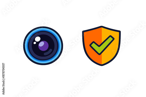 Camera lens and security shield icons