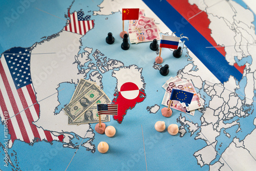 Strategic map showing Greenland with country flags, chess pawns, and international currencies, illustrating geopolitical competition and economic influence from major global powers