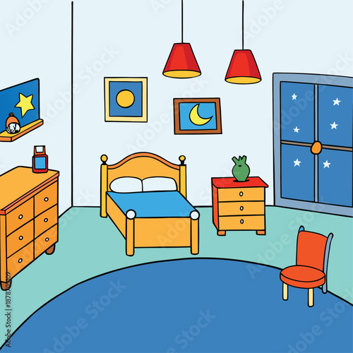 Cozy kid bedroom with bright colors, playful decor, comfy bed, toy storage, and study nook, creating a cheerful, safe space for rest, learning, and imagination.
