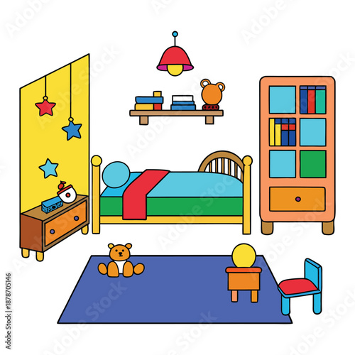 Cozy kid bedroom with bright colors, playful decor, comfy bed, toy storage, and study nook, creating a cheerful, safe space for rest, learning, and imagination.
