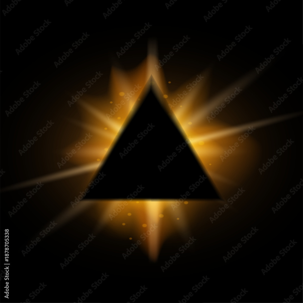 Fototapeta premium Realistic solar eclipse with triangle shape, shining star, lens flare yellow light overlay effect on black background. Vector glowing sunlight pyramid in black space. For banner, decoration, cover