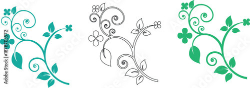 Three Stylized Floral Vines with Leaves and Flowers Design