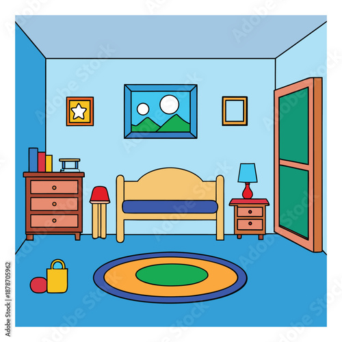 Cozy kid bedroom with bright colors, playful decor, comfy bed, toy storage, and study nook, creating a cheerful, safe space for rest, learning, and imagination.

