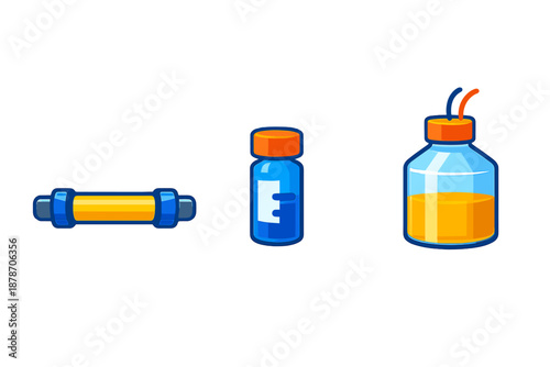 Three cartoonish vials and a battery