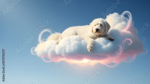 Serene dog resting on fluffy white cloud in clear blue sky