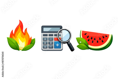 Calculator with magnifying glass and nature symbols