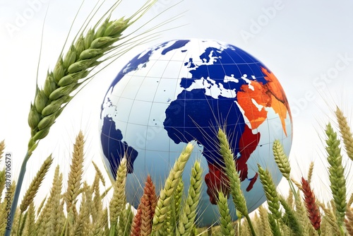 Global food security concept depicted by a bright blue and orange earth globe rising majestically above a field of ripening wheat stalks under bright skies