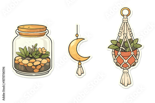 Boho decorative items: terrarium, moon charm, and plant hanger
