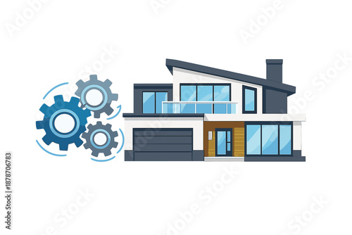 Smart Home Automation Concept with Gears and Modern House