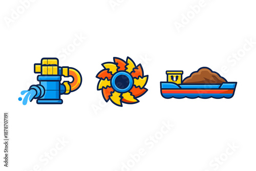 Three industrial icons on a gradient background