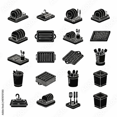 Collection of kitchenware and dish drying racks in a clean, minimalist style.