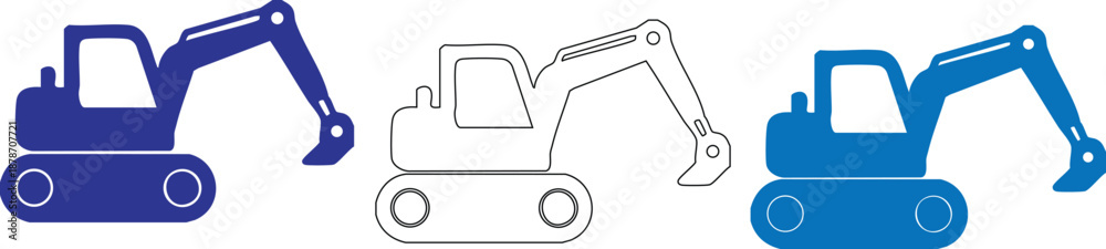 Fototapeta premium Three Excavators in Different Styles and Colors