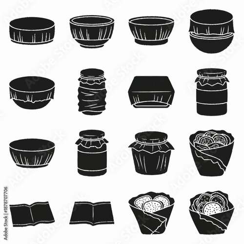 Collection of various food containers and packaging in black and white silhouette style.