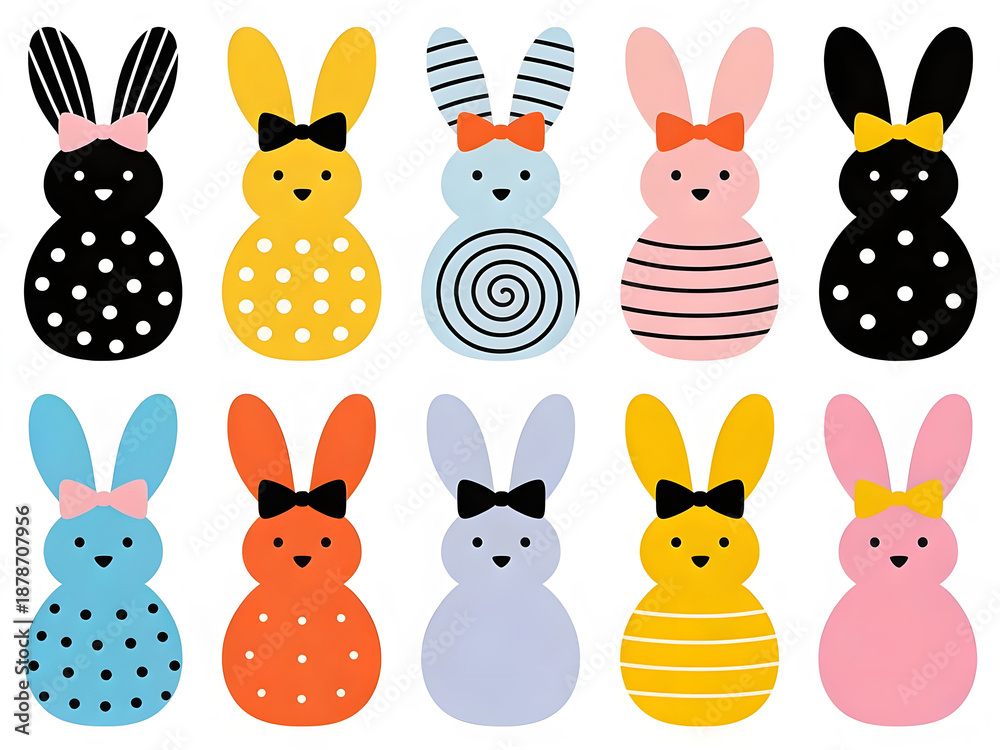 Fototapeta premium Colorful bunnies with bows in playful patterns, Eastern pattern