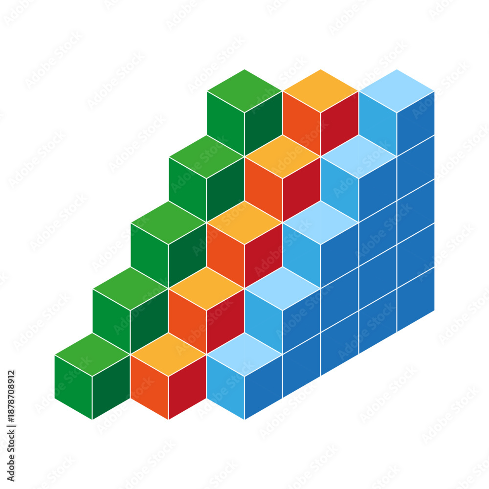 Naklejka premium Multi color block. Isometric cube Vector. Geometric prism element. Vibrant stair stack structure.