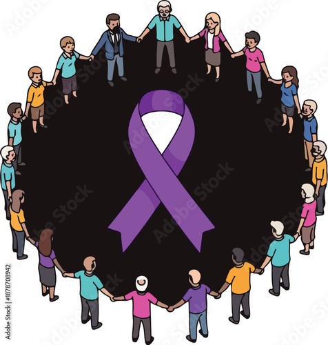 Diverse group of people join hands around purple awareness ribbon symbolizing unity and support