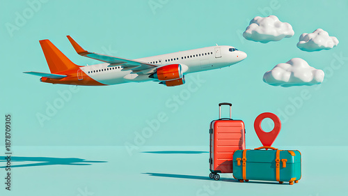 Stylized airplane with luggage, clouds, and location pin on light blue background promoting travel agency adventures