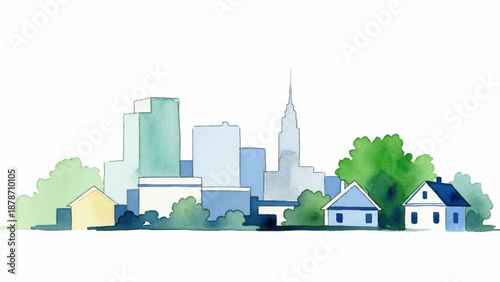 Charming watercolor illustration of a city skyline with houses and trees, evoking a sense of community and urban living