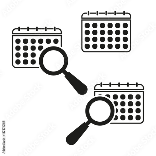 Calendar search icons. Schedule inspection Vector. Date finding symbol. Professional planning tool item.