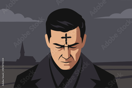 A solemn man with an ash cross on his forehead, looking down, with a church in the background, depicting Ash Wednesday.