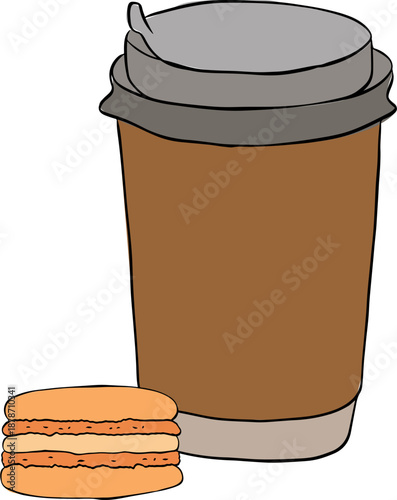 cup of coffee with macaron icon vector macaroons sign composition hand drawn illustration. Vector graphic line ink colored art. For logo, web, package, sticker.