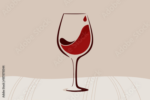 Stylized illustration of a wine glass with red wine swirling inside and a drop falling, set on a textured surface.