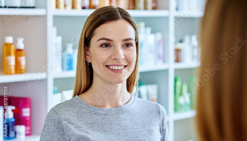 Free Download Woman smiles gently, offering skincare advice in a modern beauty shop. Shelves hold various beauty products - GFXLoad