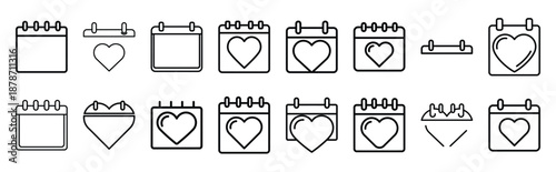 valentines day heart calendar date line art icon set. Simple outline collection for valentines day.