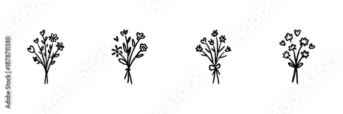 Hand-Drawn Floral Bouquet Line Icon Set In Doodle Style. Romantic And Decorative Flower Arrangement Outline Sketch Collection. Hand Drawn Isolated Vector Illustration