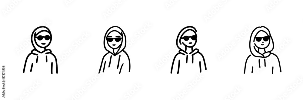 Fototapeta premium Hooded Figures With Sunglasses Line Icon Set In Doodle Style. Mystery, Anonymity, And Urban Fashion Outline Sketch Collection. Casual And Trendy Style. Hand Drawn Isolated Vector Illustration