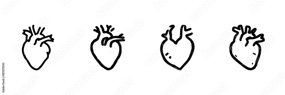 Fototapeta premium Anatomical Heart Line Icon Set In Doodle Style. Cardiovascular Health And Medical Illustration Outline Sketch Collection. Heart Anatomy And Circulatory System. Hand Drawn Isolated Vector Illustration