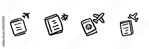 Travel Documents And Airplane Line Icon Set In Doodle Style. Passport, Ticket, And Flight Planning Outline Sketch. Travel Essentials And Journey Preparation. Hand Drawn Isolated Vector Illustration