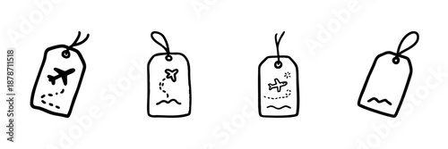 Airplane Travel Tags Line Icon Set In Doodle Style. Luggage Identification And Travel Planning Outline Sketch Collection. Hand Drawn Isolated Vector Illustration