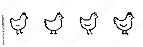 Four Chicken Line Icons In Doodle Style. Farm Animal, Poultry Farming, And Agriculture Outline Sketch Collection. Hand Drawn Isolated Vector Illustration