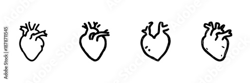 Anatomical Heart Line Icon Set In Doodle Style. Cardiovascular Health And Medical Illustration Outline Sketch Collection. Heart Anatomy And Circulatory System. Hand Drawn Isolated Vector Illustration