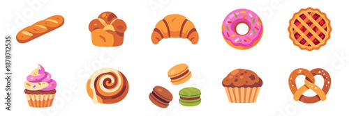 Bakery set with bread pastries and dessert icons, colorful collection with vector flat illustrations