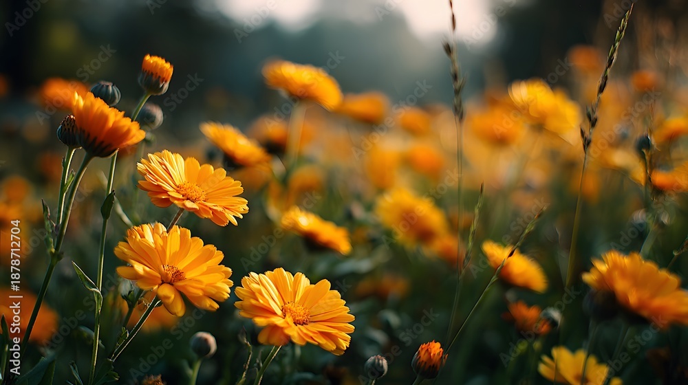 Fototapeta premium Field of vibrant yellow calendula flowers in full bloom with soft sunlight illuminating the petals in a cheerful and bright nature atmosphere.