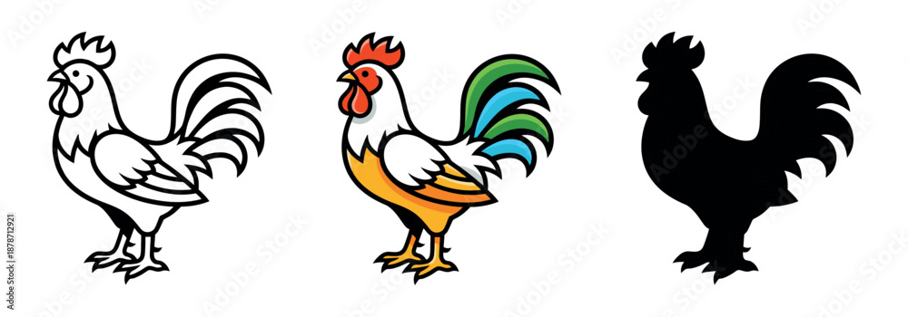 Obraz premium Detailed rooster mascot set featuring line work, vibrant color with green tail, and solid silhouette. Dynamic farm bird character.