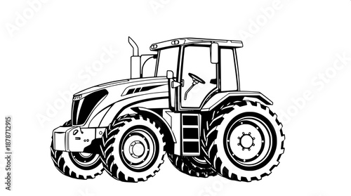 Industrial tractor vector art in a monochrome design featuring mechanical precision with strong outlines and a flat illustration style, incorporating subtle shading to accentuate the tractor's metalli