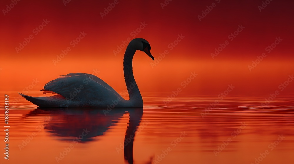 Fototapeta premium Graceful silhouette of a swan floating on a calm lake at sunset with an intense red and orange sky reflecting in the water and peaceful vibes.