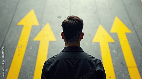 Silueta de hombre en una intersección, flechas amarillas que apuntan en diferentes direcciones, entorno gris neutro, escena conceptual