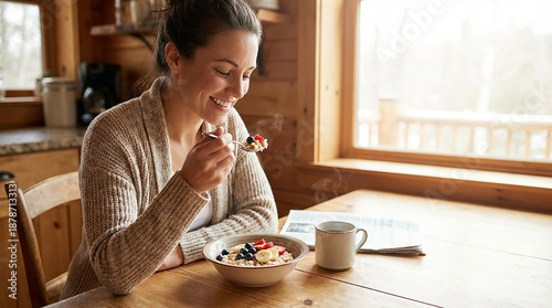 Smiling woman eating oatmeal with fresh fruit in the morning