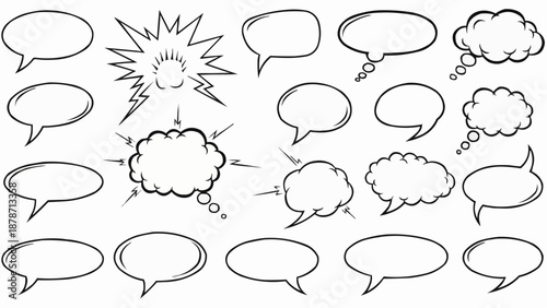 Collection of various comic book speech bubbles and explosion effects presented in a simple black and white illustration style