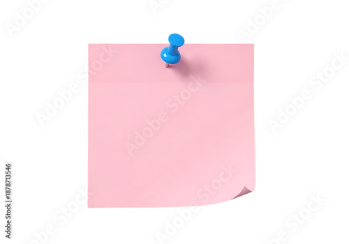 Pink sticky note with blue pushpin isolated on transparent background