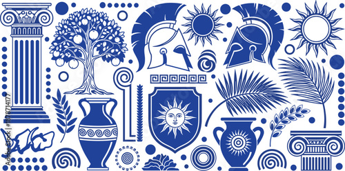 Ancient Greek culture icons set with spartan helmet pillar olive tree amphora sun and shield cad drawing flat vector illustration