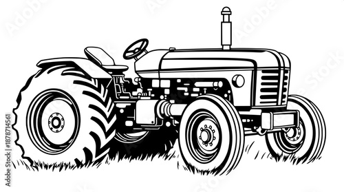 Classic tractor graphic rendered as a monochrome vector drawing with thick bold outlines and smooth flowing curves, incorporating minimal detail shading to accentuate the tractor's vintage design, wit