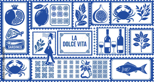 Collection of Mediterranean Blue Postage Stamps Featuring Italian Food Icons, Sardines, Pomegranate, Wine, and La Dolce Vita Text, cad drawing flat vector illustration